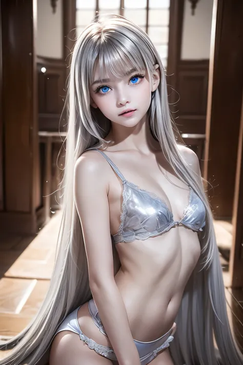 masterpiece,Best Quality,Very detailed,beautiful girl, teenager,Queen of the Moon,Giant Moon,Cape,Small breasts,Narrow waist,Straight silver hair,Perfect Blue Eyes,Very cute,Active pose