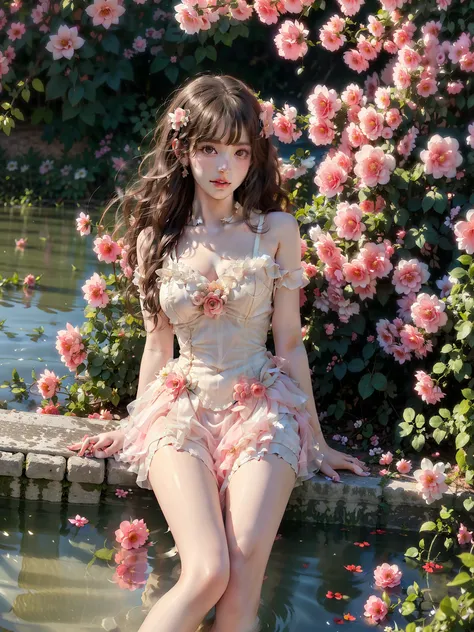 Romantic Rosette dress2 (High quality details), 1 girl, Solitary, Young women, Elegant Posture, ((night, moonlight)), (Curvy body，Lying in water naturally，River Water，rock, Relaxed expression), (Focus on natural body posture and correct anatomy:1.3), (Perf...