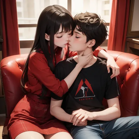 Young sexy girl wearing a red dress sitting on lap of young boy wearing a red and black flannel shirt and jeans who is sitting on a chair, kissing, making out, passionately, dim lighting, sexy, hot, lustful