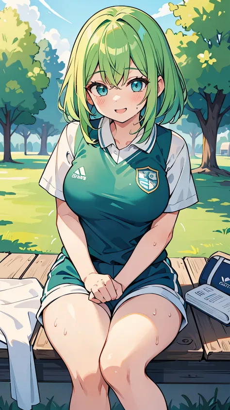 ((A Pretty girl with green hair and blue eyes sitting and Wiping off sweat with a towel)), ((wearing the sport uniform and short pants)), Baby face, ((top-quality, master piece, ultra-definition, high resolution)), anime girl, ((ultra-detailed illust:1.2))...