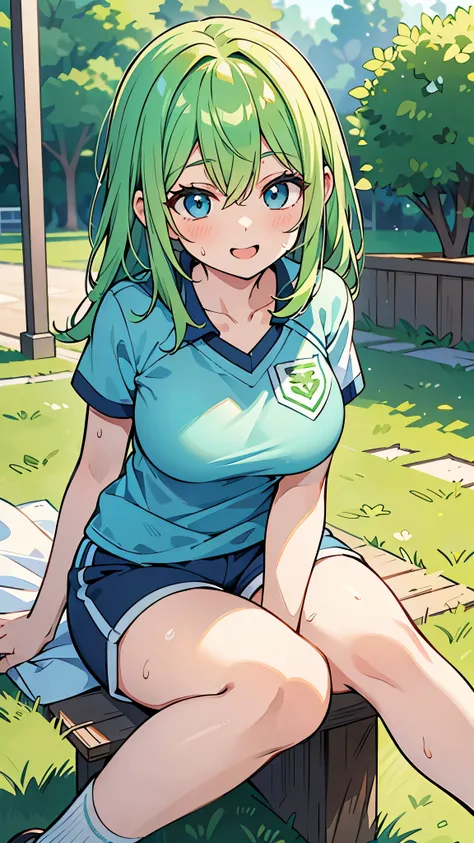 ((A Pretty girl with green hair and blue eyes sitting and Wiping off sweat with a towel)), ((wearing the sport uniform and short pants)), Baby face, ((top-quality, master piece, ultra-definition, high resolution)), anime girl, ((ultra-detailed illust:1.2))...