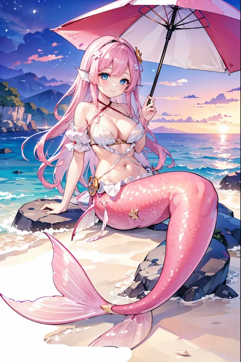 (masterpiece, best quality),a girl,pink hair,hair accessories,white dress,blue eyes,head fin,unique,large breasts,mermaid,粉红色的me...