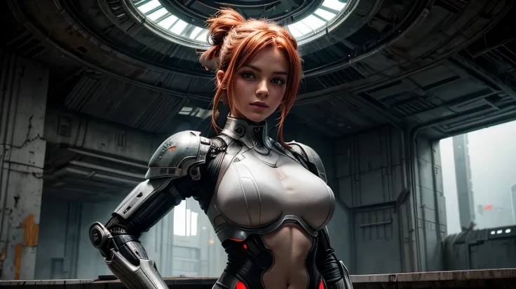 Full frontal view of a girl advancing towards the viewer determined. She is wearing an advanced mechanized combat bio suite. Her combat bio suite is white and grey. Highly detailed high tech cyborg. A beautiful woman with orange-red hair tied in two buns o...