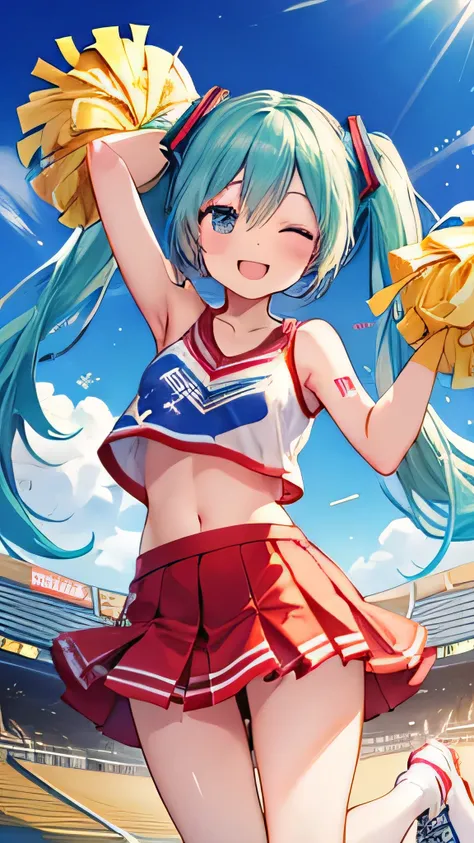 Cheerleader、Hatsune Miku、support、Sports Venues、sun、(Energy 1000.0),(Overflowing with energy 100.0).Green loose socks、smile、joy、Wink、Raise your hands、The whole body is visible、Mouth open、Best Quality, High resolution, , Pixel perfect, 4K、goddess