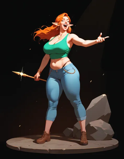 score_9, score_8_up, score_7_up, score_6_up, score_5_up, score_4_up, (masterpiece, best quality:1.2), highly detailed, illustration, mature woman, elf ears, ginger hair, large toned body, full body,  rock n roll singer