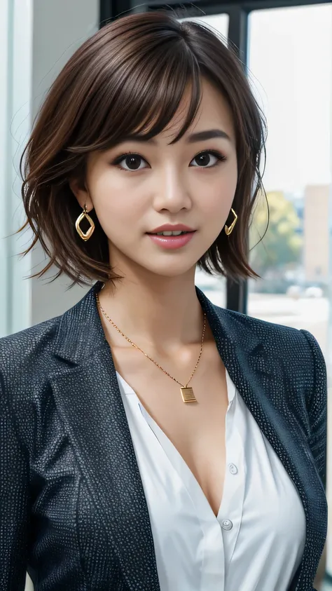 RAW Photo High Resolution, Very detailed, Intricate details, 、ear piercing、、Short Hair、Dark Brown Hair、、Office Lady Suits 、jacket、shirt、Heavy makeup、Necklace around the neck、, The background is an office
