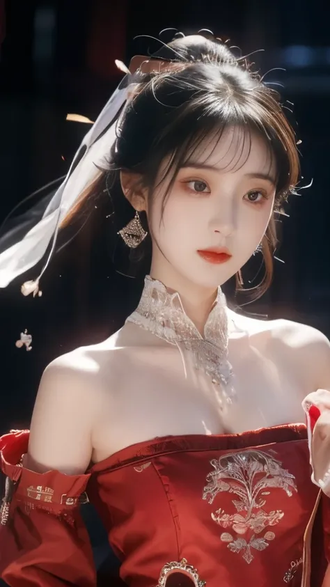 （Best quality，masterpiece：1.2），Ultra-high resolution，Realistically，forward lighting，Intricate details，Exquisite details and textures，（1 Girl），solo，Upper Body，Red Hanfu，Petal pattern，漂亮的Big eyes，Red skirt，Beautiful face，For the audience，ribbon，gossamer，（you...