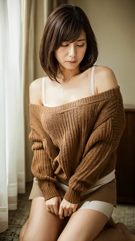 8k, Best Quality, masterpiece, Genuine, graphic, Detailed Description, Natural Light, 1 Japanese woman, 40 years old, A little brown hair, Short Hair, , （Lean forward to look at the camera）Crying face、Crying face、, Obscene pose, On all fours, mini skirt, S...