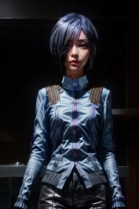 touka kirishima, tokyo ghoul, blue-violet eyes, blue-violet hair, beautiful and calm facial features, short hair covering the le...