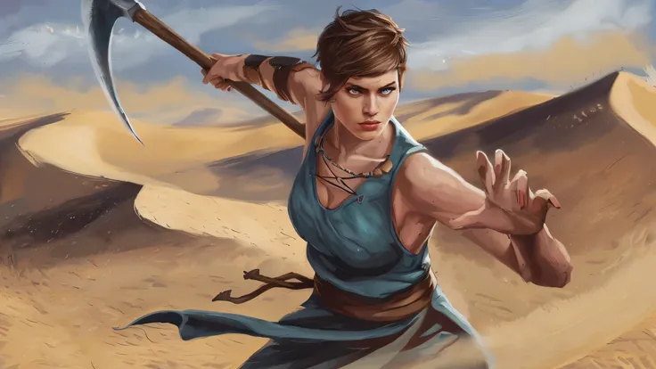 Cute blueyed D&D monk with sickle, Fantasy art, 1female, snow desert, Render masterpiece of a fantasy landscape, D&D style, far away, Fantasy snow valley, storm, snow dunes, fantasy female sexy monk wields 1 sickle, (European solo woman battle monk in mini...