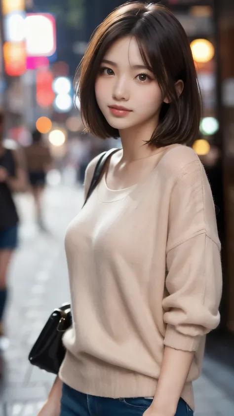 8k,Best Quality,(masterpiece:1.2),(Realistic),(Realistic:1.37),Ultra-high resolution,1 female university student,Droopy eyes,Beautiful teeth alignment, Looking down from above,Well-formed fingers,Shinjuku,(((Cute casual clothes))),Big Breasts,Perfect body,...