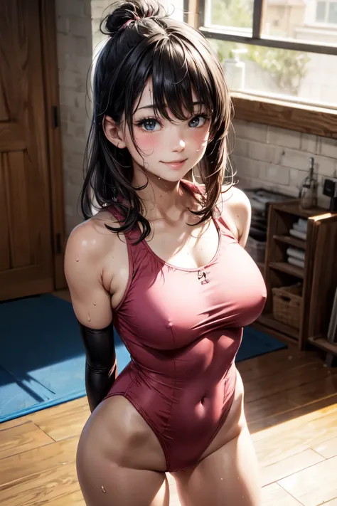 very cute and beautiful girl,(highly detailed beautiful face),(pink leotard:1.2),sleeveless,wet,sweat BREAK (smile:1.25),blush, standing near training mat in wooden gym,arms behind back,cowboy shot BREAK hair band,black hair,looking at viewer, (best qualit...