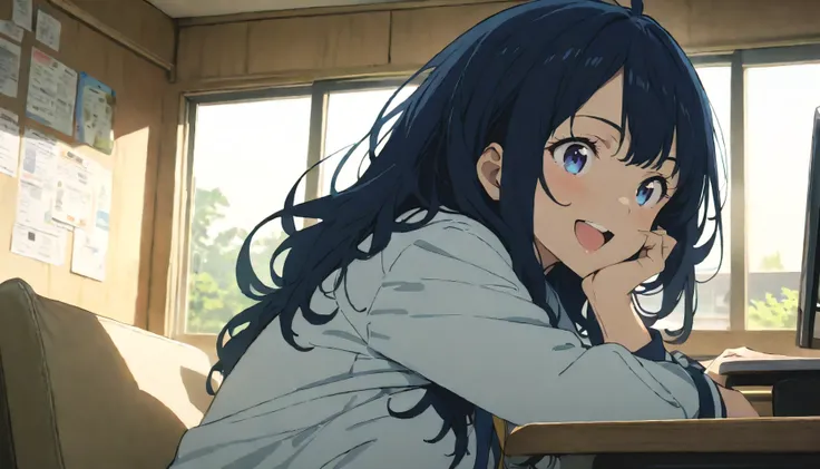 (((masterpiece))),(((best quality))),(((extremely detailed))), 1girl, solo, dark blue eyes, black hair, thick hair, long hair, double exposure, smiling, excited,study room,to study