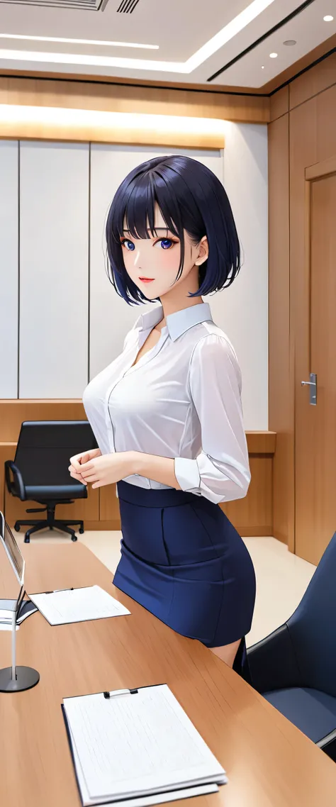 1 female、One person、Beautiful black hair、Short Hair, (White blouse), (wear correctly), (Navy blue tight skirt), (Simple), ((Beautiful breasts)), Front, ((Simple)), (conference room)