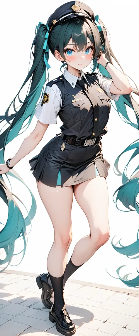 ((Hatsune Miku)),((Japanese female police uniform)),（mini skirt）、Anime face、masterpiece, Best Quality, Best Quality, 16k, Very detailed, AI-generated, Delicate and dynamic, Very delicate facial expression, Delicate eye depiction,Big eyes and cute、 Healthy,...