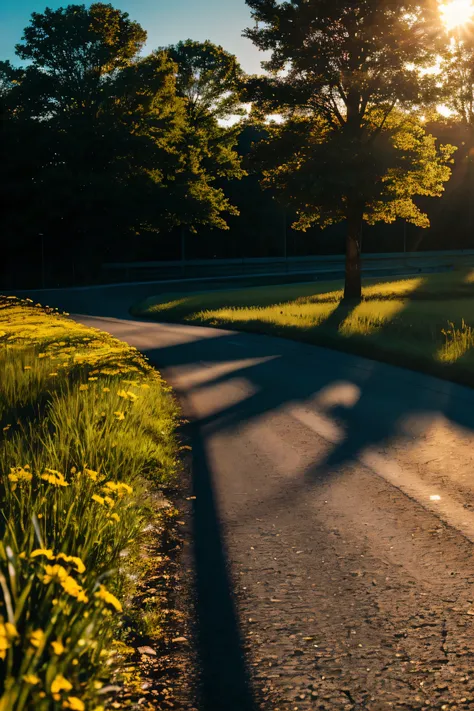 Road with clear background, endless growing area next to the road, sunny, (high detail RAW photo), (Masterpiece, realistic, heavy shadow, dramatic and film lighting, Key light, fill light), clear focus, film grain, grain, film flower, depth of field