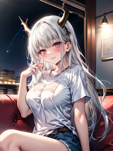 masterpiece, best quality, 1girl, solo, shimanto, large_breasts, smile, blush,looking_at_viewer, blush, cowboy_shot, horns, sit_on_sofa, t-shirt, living_room, night, starry_sky, hand_on_lips
