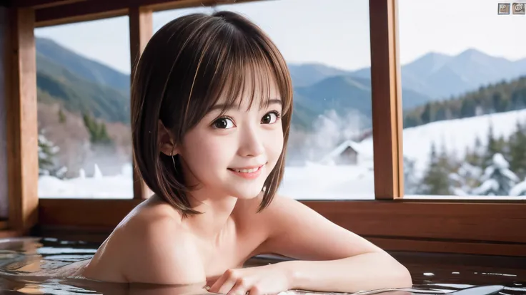 (Face shot of a naked slender small breasts round face brown short hair with bangs girl:1.5)、(Naked girl is soaking in a Japanese onsen outdoors with a shy smile:1.5)、(Outdoor Japanese onsen has much white steam mist and snow landscape:1.5)、(blurred backg...