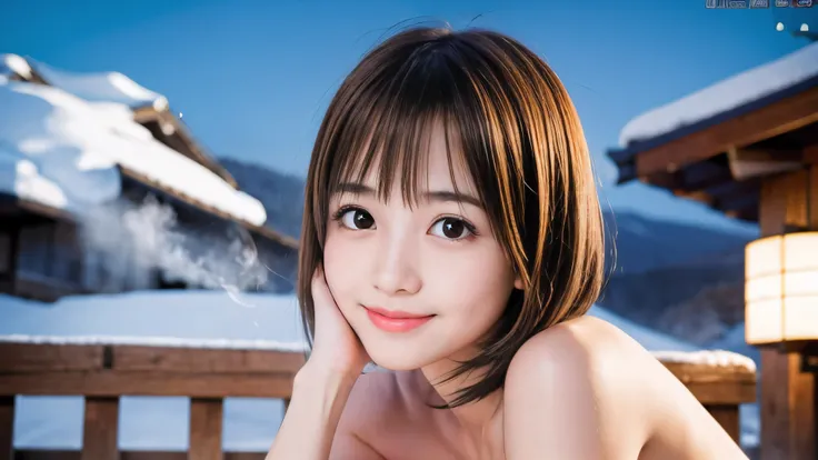 (Face shot of a naked slender small breasts round face brown short hair with bangs girl:1.5)、(Naked girl is soaking in a Japanese onsen outdoors with a shy smile:1.5)、(Outdoor Japanese onsen has much white steam mist and  snow landscape:1.5)、(blurred backg...