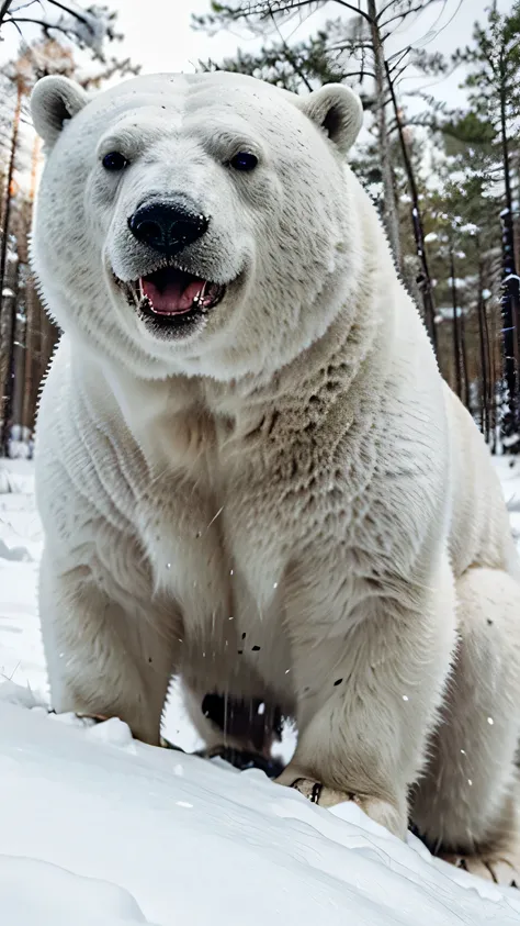 1 polar bear with open mouth angry close to camera, in a snowy forest, Realistic