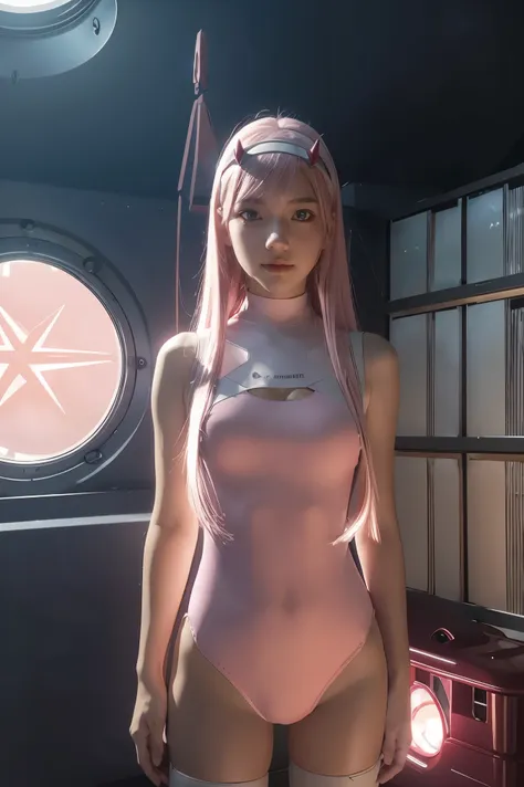 dynamic angle,ultra-detailed, illustration, straight on, 1girl, ((Zero two, interface headband with a pair of horns, red bodysuit:1.4, pink hair)), Her eyes shone like dreamy stars,(glowing eyes:1.233),(beautiful and detailed eyes:1.1),(expressionless, clo...