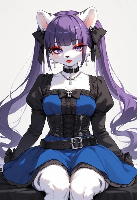 score_9, score_8_up, score_7_up, score_6_up, score_5_up, score_4_up, source_anime, best quality, masterpiece, 1 female, (furry, kemono:1.2), tiger, purple hair, twintails, dress, cross, purple eyes, jewelry, looking at viewer, long hair, belt, necklace, bl...