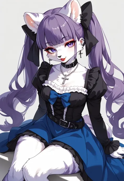 score_9, score_8_up, score_7_up, score_6_up, score_5_up, score_4_up, source_anime, best quality, masterpiece, 1 female, (furry, kemono:1.2), tiger, purple hair, twintails, dress, cross, purple eyes, jewelry, looking at viewer, long hair, belt, necklace, bl...