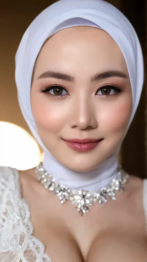 ((Realistic lighting, Best quality, 8K, Masterpiece: 1.3)), Clear focus: 1.2, 1 indonesian hijab girl, lolita , Perfect close up, Red Lipstick, Sensual Lipstick, Sensational Make up, beauty nude, naked, (white hijab, medium saggy breasts: 1.3), lace mater...