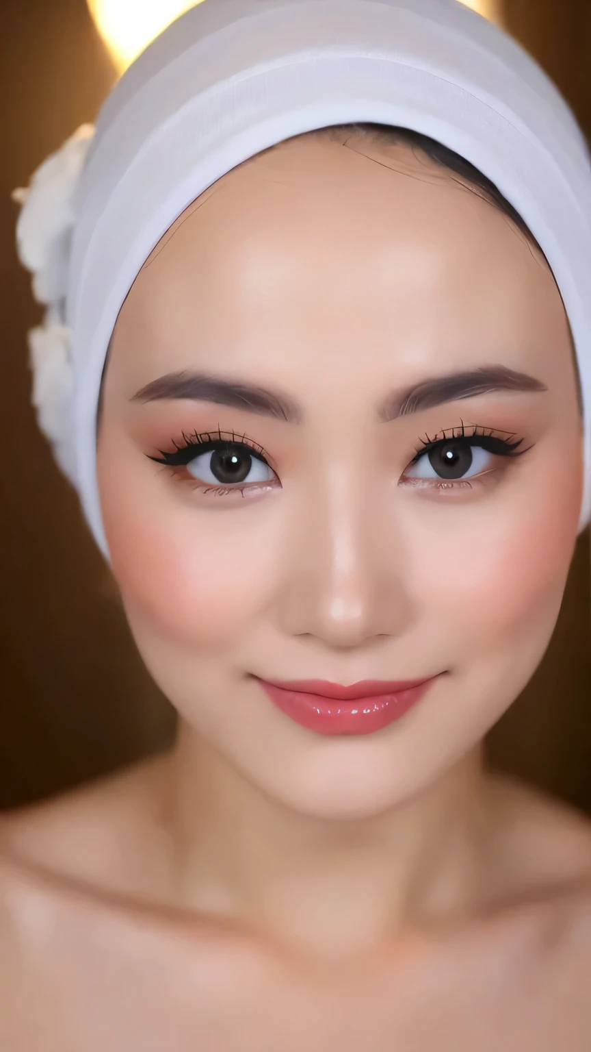 ((Realistic lighting, Best quality, 8K, Masterpiece: 1.3)), Clear focus: 1.2, 1 indonesian hijab girl, lolita , Perfect close up, beauty nude, naked, Red Lipstick, sensual Lipstick, Sensational Make up, studio background, Super fine face, fine eyes, double...