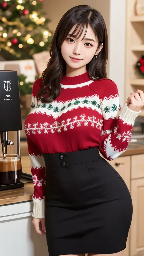 Christmas Sweaters, Latest coffee machines、Seventeen year old high school girl、Big Breasts、Hands behind back