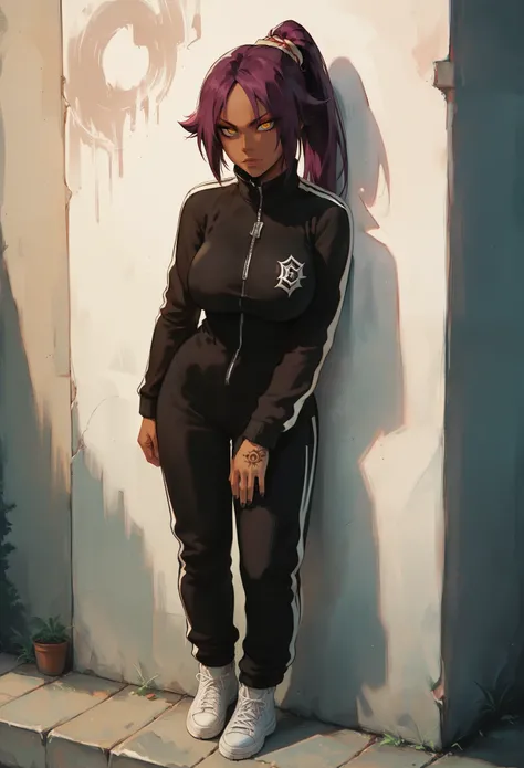 score_9, score_8_up, score_8, score_9, 1girl, source_anime, yoruichi (Bleach), tattoo, tracksuit, sneakers, squating, detailed eyes, beautiful eyes, perfect breast, big breast, outside, on street