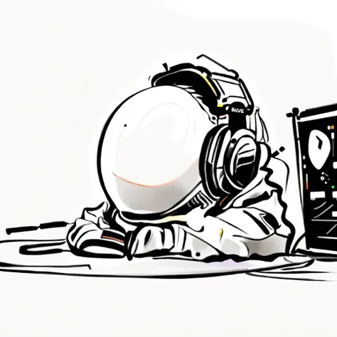 cartoon of a man sitting on the ground with headphones on, headphones dj rave, with head phones, dj set, vibing to music, space ...