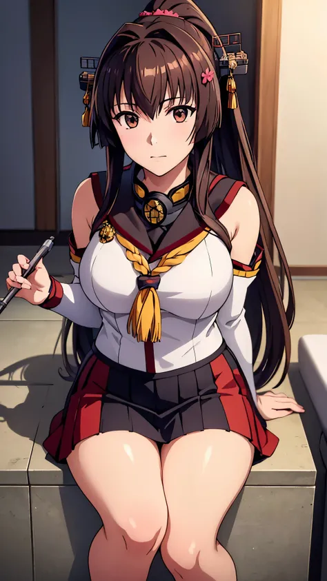 (masterpiece), (Best Quality), (Super detailed), Realistic, (Best illustrations), (Very delicate and beautiful), One Girl　(Kantai Collection_Yamato)　Long Hair、Brown Hair、ponytail、Hair Ornaments、flower、ベリーLong Hair、(Large Breasts)、Brown Eye、Cheek、Eyebrow ha...