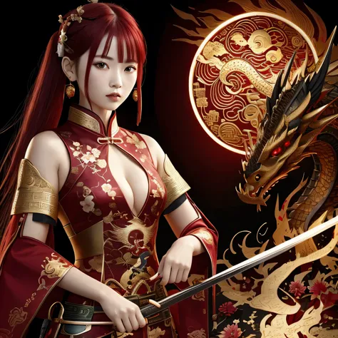 Three-dimensional image of a fantasy Chinese warrior girl. White and red warrior shirt with floral decoration. Red haired, wearing red earrings. green eyes. fair skin. Holding a Fire Sword. Behind the woman is a black dragon, Pi mathematic symbol golden co...