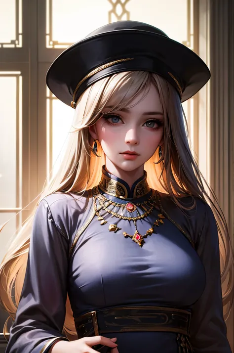 Best Quality、32K、masterpiece、Highly detailed art
、Super detailed illustrations、Very complex and delicate、Official Art
、 One Girl, Chinese dress, hat, necklace, jewelry, Beautiful Face,  Tyndall effect, Realistic, Dark Studio, Rim Lighting, Two-tone lightin...