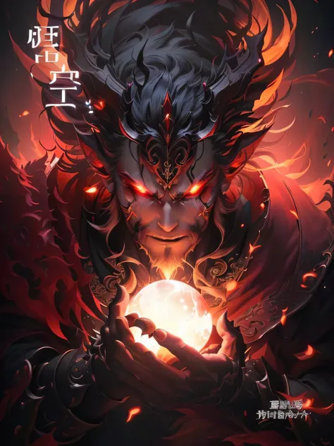 a close up of a demonic creature holding a glowing ball, by Yang J, ruler of the demons, the former demon king, loong, 2. 5 d cgi anime fantasy artwork, beautiful male god of death, fire demon, demon lord, epic fantasy digital art style, anime fantasy illu...