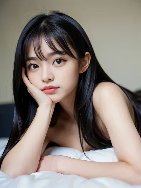 (Best-quality, Masterpiece, Ultra-High-Resolution, (Photorealistic:1.4), Raw Photo, depth of field, professional lighting), (1girl, 15yo, cutest Japanese-idol, relaxing on bed), looking at viewer, (((very sleepy))), ((cutest babyish-face, (((cutest and big...