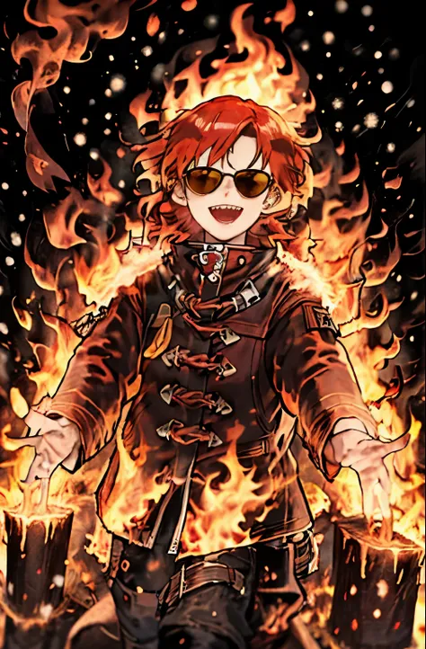 Masterpiece, Best Quality, Ultra-Detailed, 1boy ginger hair, red hair, leather jacket, sunglasses, sharp teeth, sharp fangs, smiling, looking to front, in flames, burning, flame hair, burning body, flame silhouette, (redfire:1.3), turning into flames, made...