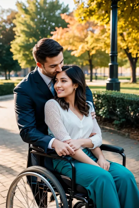 woman in wheelchair, park background, couple in love, MAN IN SUIT, beautiful