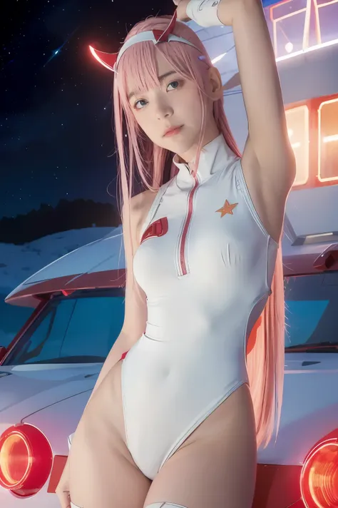 dynamic angle,ultra-detailed, illustration, straight on, 1girl, ((Zero two, interface headband with a pair of horns, red bodysuit:1.4, pink hair)), Her eyes shone like dreamy stars,(glowing eyes:1.233),(beautiful and detailed eyes:1.1),(expressionless, clo...