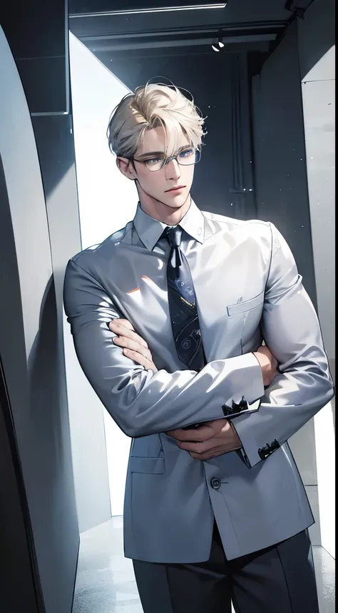 (best quality, work of art, 8k, photorealistic, cinematic lighting, HDR IMAGE, ultra detailed, beautiful picture), 1 men, 3, mature man, Very beautiful, (expressionless, Seriously), short golden hair, grayish blue eyes ( piercing gaze), perfect face no err...
