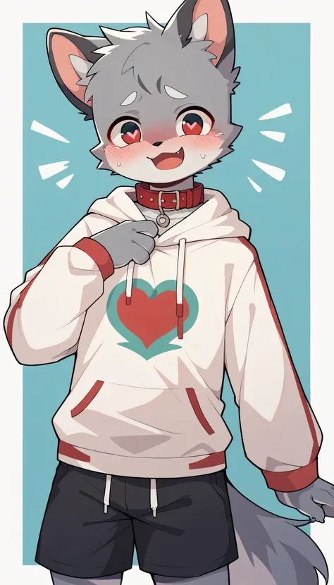 Very detailedな,Very detailed,Grey fur,Age 15,male,Excited at the sight of bones,Heart Eyes,participate,Red collar,Cute Face,Fluffy fur,Horny boy,Blushing the nose,Embarrassing,Black shorts,Sweatshirt,Long sleeve,Trendy