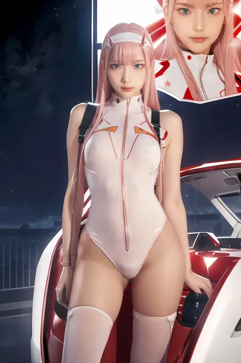 dynamic angle,ultra-detailed, illustration, straight on, 1girl, ((Zero two, interface headband with a pair of horns, red bodysuit:1.4, pink hair)), Her eyes shone like dreamy stars,(glowing eyes:1.233),(beautiful and detailed eyes:1.1),(expressionless, clo...