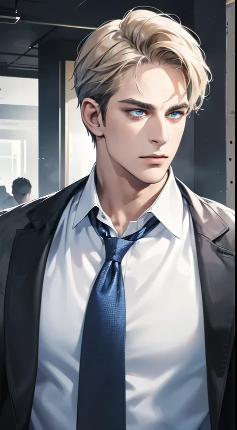 (best quality, masterpiece, 8K, photorealistic, cinematic lighting, hdr image, ultra detailed, beautiful image), 1 man, 3, mature man, very handsome, (without expression, serious), short golden hair, blue grey eyes ( penetrating gaze), perfect face without...