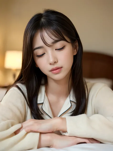 (Best-quality, Masterpiece, Ultra-High-Resolution, (Photorealistic:1.4), Raw Photo, depth of field, professional lighting), (1girl, cutest Japanese-idol, relaxing on bed), looking at viewer, ((((very sleepy)))), ((wearing cutest pajamas)), ((cutest adorabl...