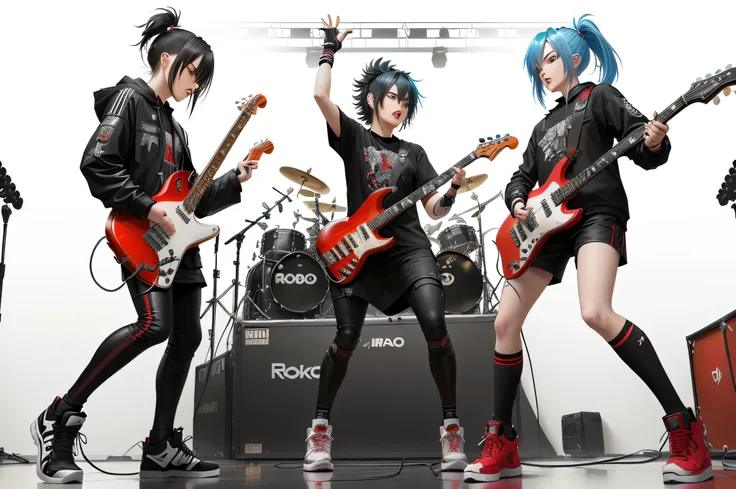 Three androids playing music with a drum and a guitar, rock band, rocking out, band name is AI, alternative rock, anime style”, band, the band name is roborock, accurate portrayal, scene!!, playing guitars, sankakucomplex anime image, realistic!!, high qua...