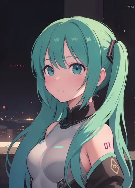 (masterpiece、Best Quality、Best Quality、Official Art、Beautiful and beautiful:1.2)、(One person:1.3)Hatsune Miku、Twin tails,Beautiful breasts,Supergirl, above the city, preparing for battle, detailed artistic photography, beautiful detailed face, dreamy, glow...