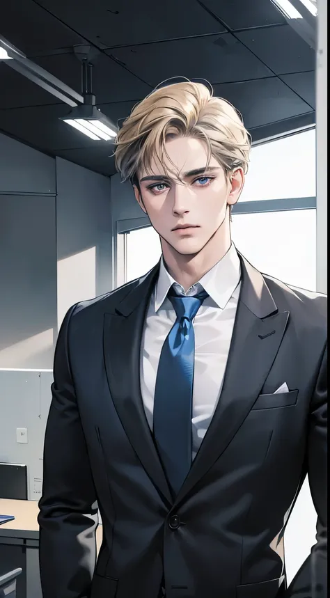(best quality, masterpiece, 8K, photorealistic, cinematic lighting, hdr image, ultra detailed, beautiful image), 1 man, 3, mature man, very handsome, (without expression, serious), short golden hair, blue grey eyes ( penetrating gaze), perfect face without...