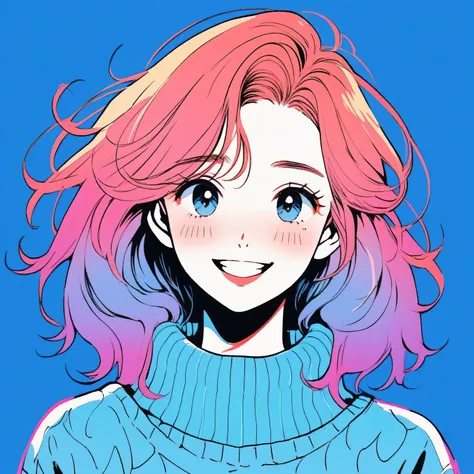 Illustrator, anime , Realistic ,sketch , One Girl, ,lip, sweater,order, Blue gradient background, Neon Hair,Texture Crop, Canadian, (masterpiece,Best Quality)、smile