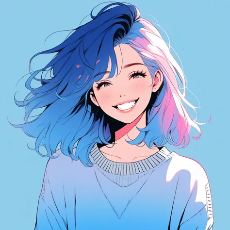 Illustrator, anime , Realistic ,sketch , One Girl, ,lip, sweater,order, Blue gradient background, Neon Hair,Texture Crop, Canadian, (masterpiece,Best Quality)、smile